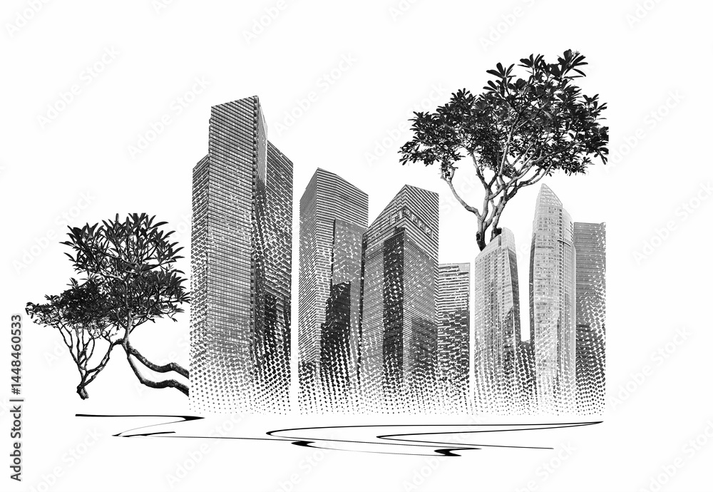 Abstract cityscape with condos and office buildings . Art collage or design