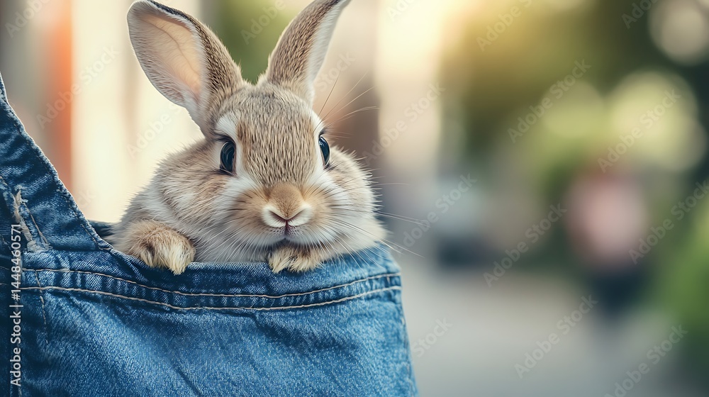 Obraz premium Cute baby rabbit peeking from denim pocket close-up urban streetwear concept animal photography image