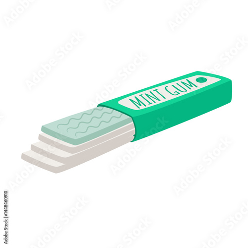 Vector illustration of mint chewing gum pack with several sticks partially out. Fresh minty flavor concept. Flat minimal style, isolated on white background