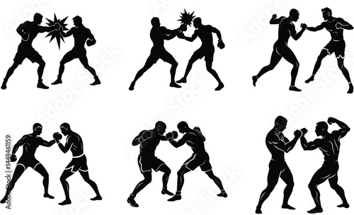 Boxer Fighting Pose Silhouette Vector Set – Combat Stance, Athletic Duel, Boxing Action

