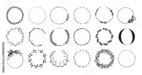 Botanical circle frame. Hand drawn round line border, leaves and flowers, wedding invitation and cards, logo design and posters template. Elegant vector illustration