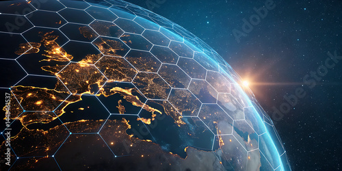 An illustration of Earth from space emphasizing the global network of communication, travel, and connections. 3D rendering.