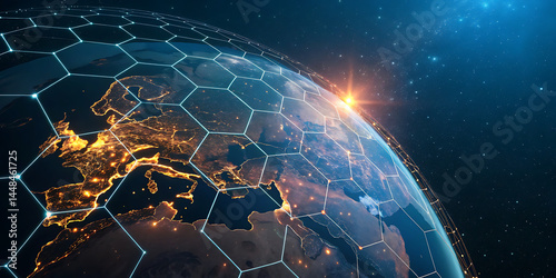 An illustration of Earth from space emphasizing the global network of communication, travel, and connections. 3D rendering.