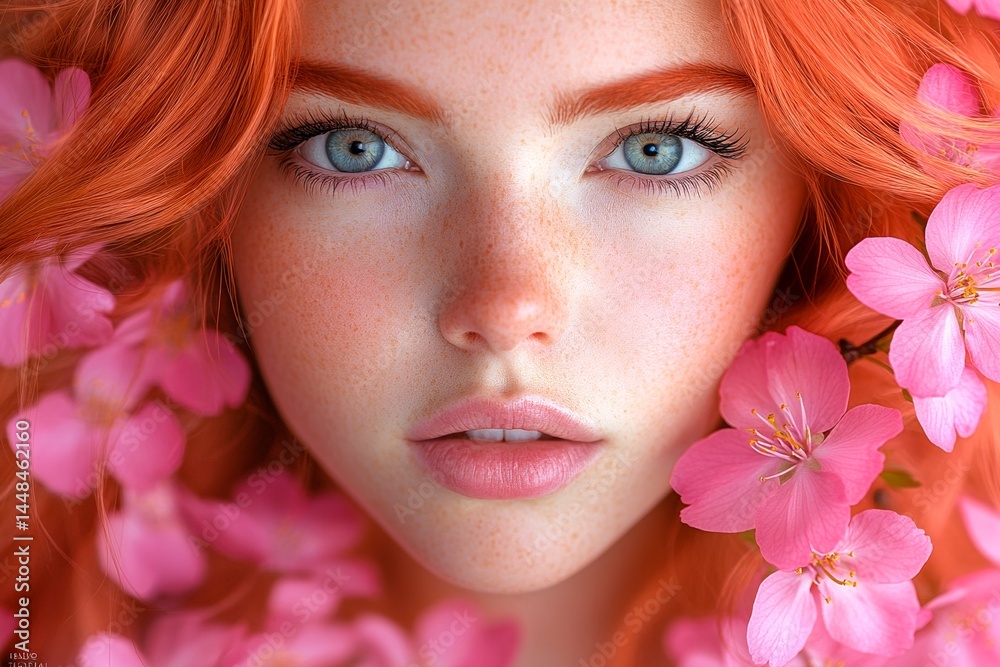 Spring mood, dark night and warm mystic light - complementary lighting. Commercial ad visual artwork. Stunning caucasian young woman surrounded by cherry blossoms. Bright woman in floral park.