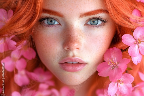 Obraz na płótnie Spring mood, dark night and warm mystic light - complementary lighting. Commercial ad visual artwork. Stunning caucasian young woman surrounded by cherry blossoms. Bright woman in floral park. w salonie
