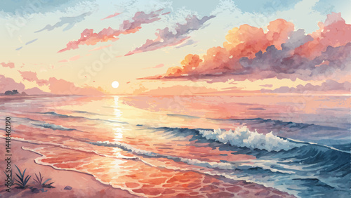 *Watercolor Sunrise Over Ocean – Soft Oranges & Pinks Reflecting on Tranquil Waves, Symbolizing New Beginnings with Copy Space* 