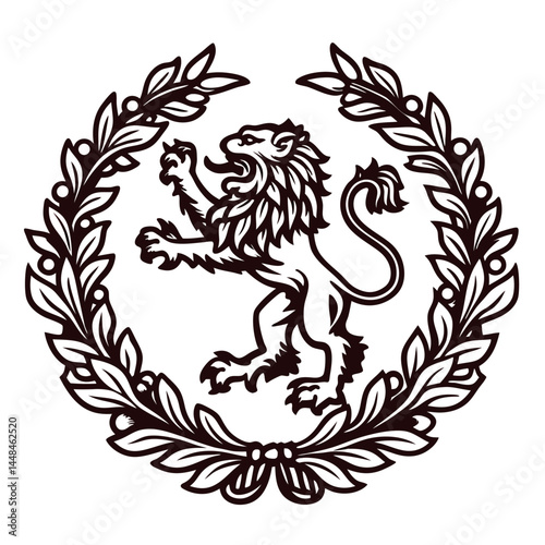 Majestic lion emblem centered in laurel wreath design.