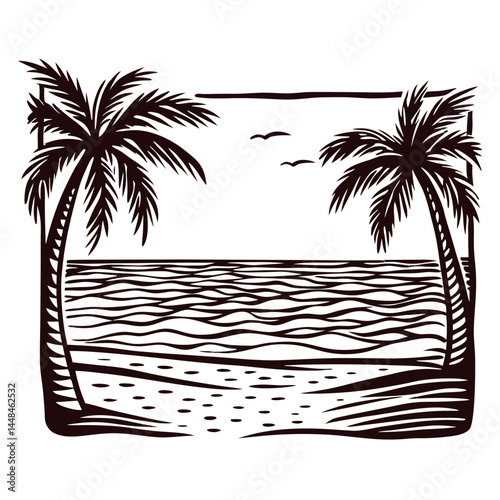Scenic tropical beach with palm trees and ocean view at sunset.