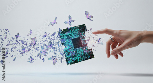 Digital transformation and technology concept, a hand transforming circuit board to butterflies.