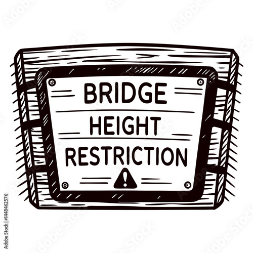 Bridge height restriction warning sign with wooden background and attention symbol.