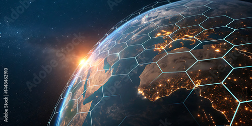 An illustration of Earth from space emphasizing the global network of communication, travel, and connections. 3D rendering.