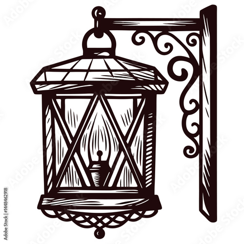 Vintage lantern wall sconce with intricate ironwork design in black and white.