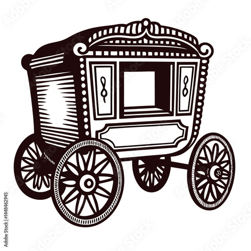 Vintage horse drawn carriage with ornate design and wooden wheels.