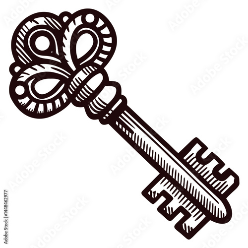 Intricately designed vintage key with ornate details against white background.