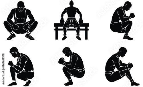 Boxer Sitting Pose Silhouette Vector Set – Fighting Stance, Athlete, Combat Sports Illustration

