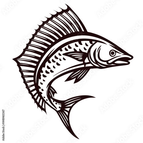 Stylized of leaping fish with prominent fins in bold line art design.