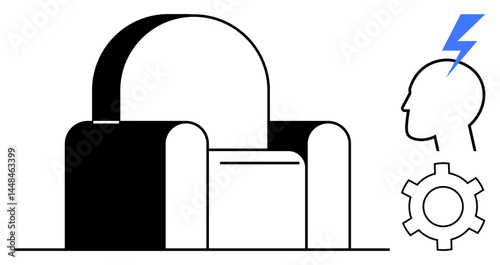 Minimalist armchair illustration paired with a head icon featuring a lightning bolt and a gear, symbolizing creativity, innovation, comfort, and productivity. Ideal for career planning, innovation