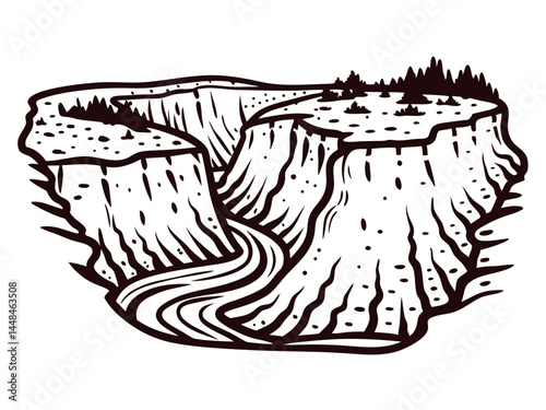 of grand canyon cliffs with river and pine trees.