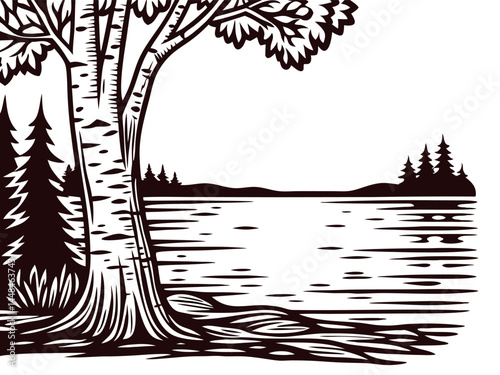 Serene lakeside scene with birch trees and pine forest in black and white art.