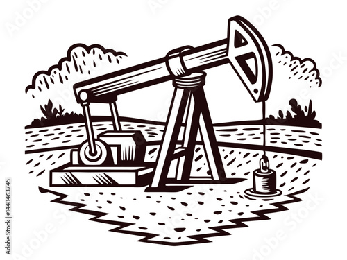 Vintage oil pumpjack in field with natural landscape background.