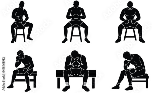 Boxer Sitting Pose Silhouette Vector Set – Fighting Stance, Athlete, Combat Sports Illustration

