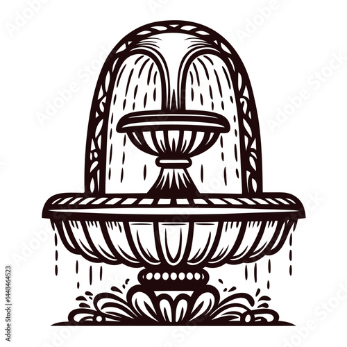 Ornate tiered water fountain design with water cascading down decorative layers.