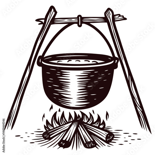Rustic pot over campfire with boiling liquid and wooden tripod setup.