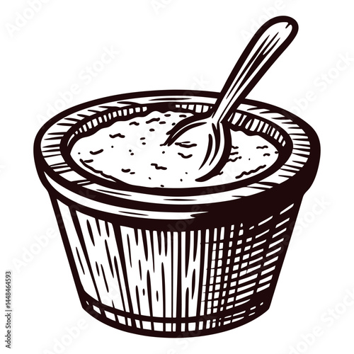 Woodcut of a bowl of porridge with a spoon.
