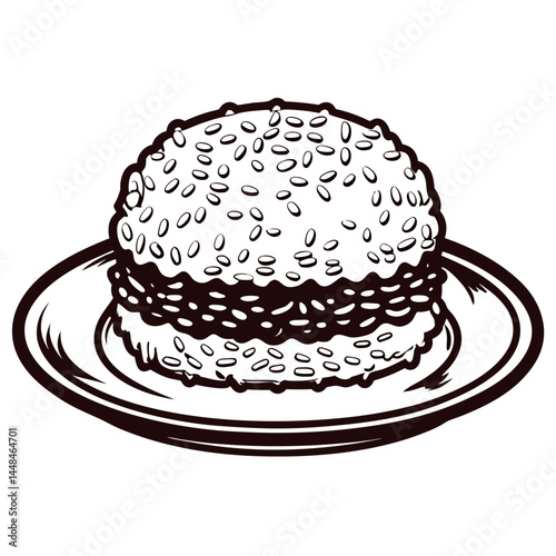 Delicious burger with sesame seed bun on plate in black and white line art.