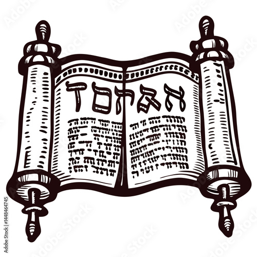 Ancient torah scroll with hebrew script and ornate wooden handles for cultural and religious study.