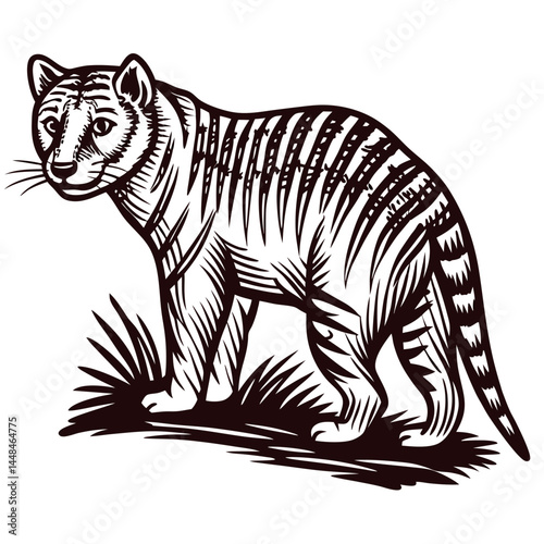 Tasmanian tiger black and white striped animal in grass.