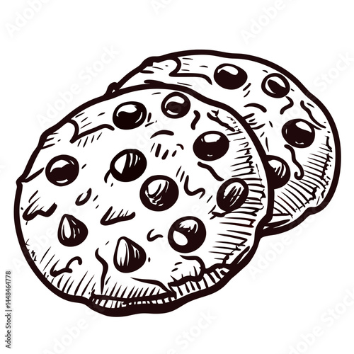 Hand drawn chocolate chip cookies in black and white.