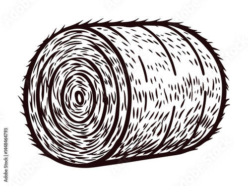 Black and white sketch of rolled hay bale in agricultural setting with detailed texture.
