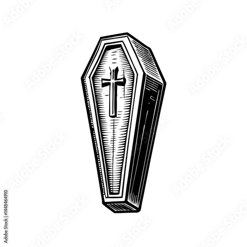 Vintage wooden coffin with cross design, intricate hand drawn sketch.
