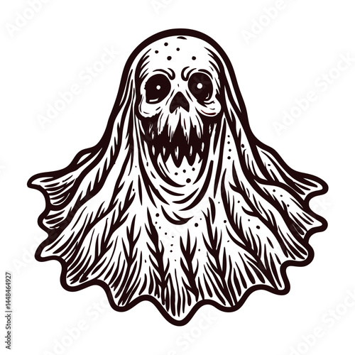 Spooky ghost with a dramatic facial expression and tattered cloak design.