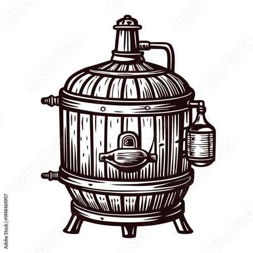 Vintage distillation apparatus in detailed engraving for alcohol production.