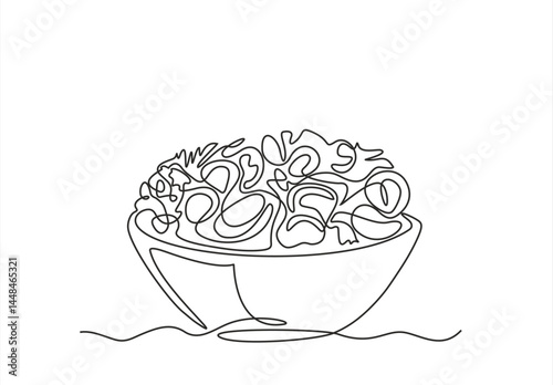 Single continuous line drawing of stylized vegetables salad on bowl logo label. Healthy food restaurant concept. Modern one line draw design vector illustration for cafe, shop or food delivery service