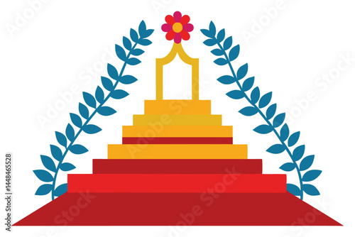 Geometric Illustration of a Temple or Stage with Floral Accents and Stairs