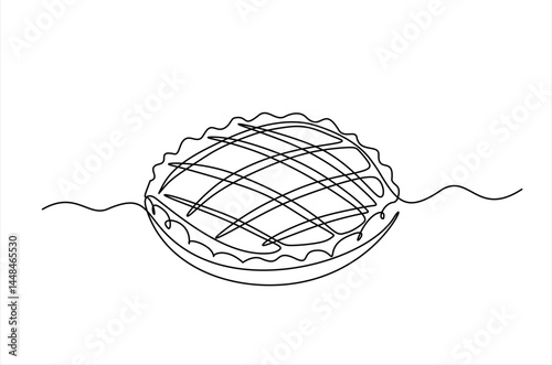 Single continuous line drawing of stylized delicious apple pie for cake logo art label. Pastry shop concept. Modern one line draw design vector graphic illustration cake food service. Editable stroke.