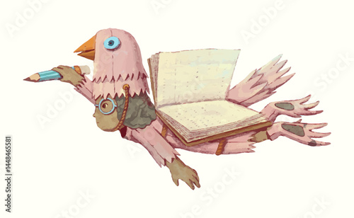 A bird girl flying with a book wing. kid education illustration. watercolor vector. child art. animal.
