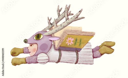 A deer girl flying with a book wing. kid education illustration. watercolor vector. child art. animal.
