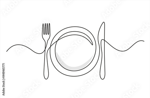 One continuous line plate, knife and fork. Vector illustration. Editable stroke.