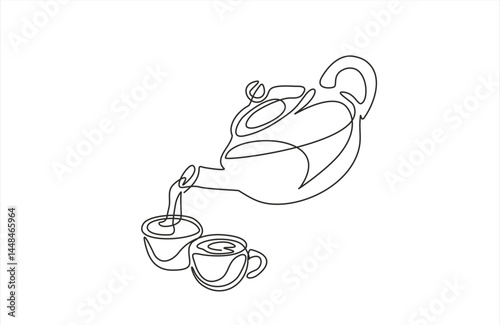 Continuous one single line drawing of teapot with tea and cup. Hand drawn linear silhouette icon. Teapot and tea cup vector one line continuous drawing. Minimal outline design. Editable stroke.
