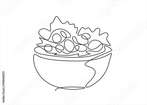 Single continuous line drawing of stylized vegetables salad on bowl logo label. Healthy food restaurant concept. Modern one line draw design vector illustration for cafe, shop or food delivery service