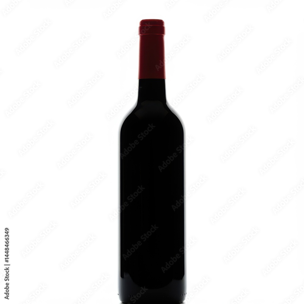 A single dark red wine bottle with a red cap standing upright on a white background in a studio shot A single dark red wine bottle with a red cap standing upright on a white background in a studio shot