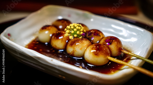 Classic Mitarashi Dango: Delicious Skewered Rice Balls in Sweet Sauce with Floral Garnish photo