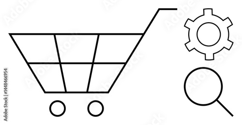Shopping cart with two wheels, magnifying glass, and gear icon. Ideal for e-commerce, online shopping, customization, search, retail, business optimization and a simple landing page