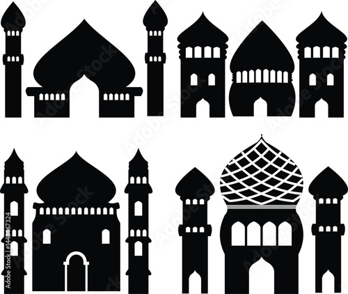 Set of Islamic Mosque Silhouette Icons Featuring Domes and Minarets for Religion, Spirituality, and Cultural Architecture Themes, Perfect for Ramadan and Eid Projects