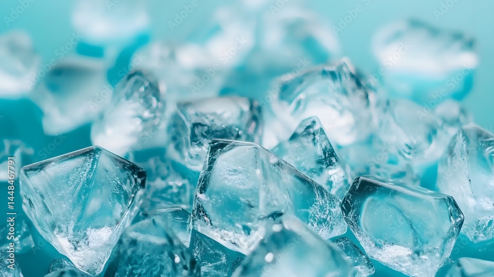 Closeup of Sparkling Ice Cubes, Crystal Clear Texture, Cool Blue Background Closeup of Sparkling Ice Cubes, Crystal Clear Texture, Cool Blue Background