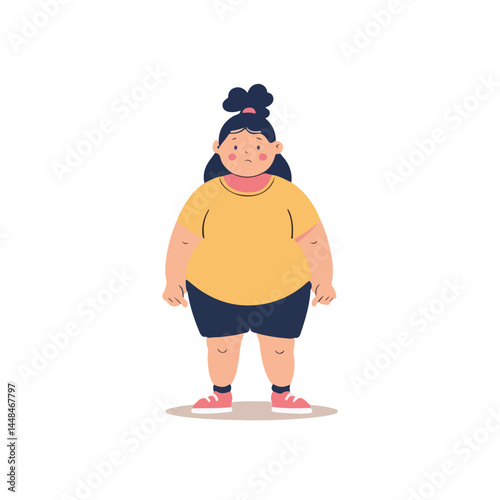 Child with overweight, girl obesity, risk of diabetes. Check health. Chubby, excess weight. Vector flat illustration